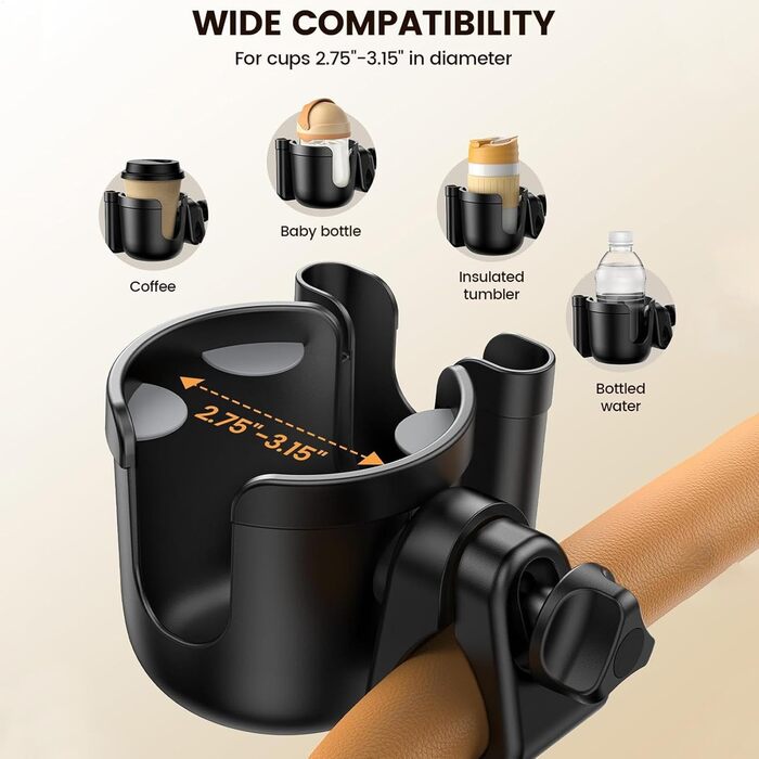 Підстаканник для коляски, тримач для напоїв для коляски, коляска на 360 градусів з кріпленням для телефону, найкращі аксесуари, що обертаються, дитяча пляшечка для батьків, що регулюється, легка, для приміщень, 16 см