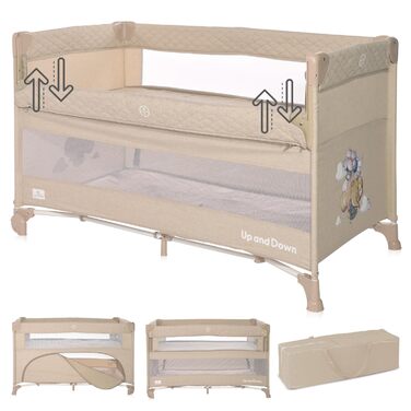 Дитяче ліжечко Lorelli 3-в-1, приліжкове ліжечко та манеж, що розкладається вгору та вниз, 2-рівневе дитяче ліжко з боковим входом та складною бічною панеллю, дитяче дорожнє ліжечко, бежево-коричневий колір