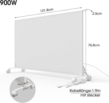 Інфрачервоний окремостоячий обігрівач - 900 Вт - Керування за допомогою застосунку, пульт дистанційного керування та термостат - Електричний обігрівач на ніжках та настінному кріпленні - Окремостоячий обігрівач на колесах - Захист від перегріву - Енергозб