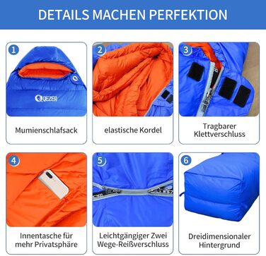 Пуховий спальний мішок, теплий легкий зимовий спальний мішок від 0C до -23C для дорослих та дітей, 4 сезони кемпінгу, використання на вулиці та в приміщенні, сапфірово-синій, 7C