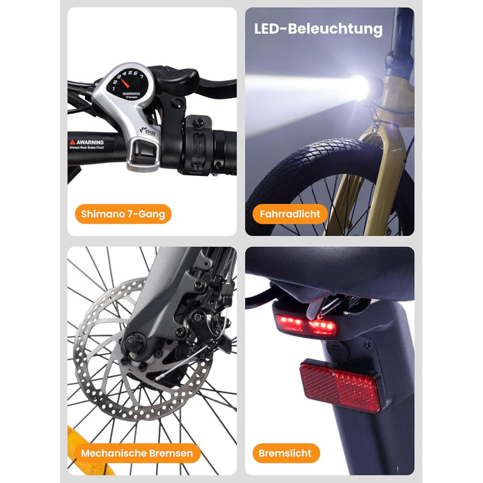 Складаний електровелосипед C10 20 дюймів, вага лише 18,6 кг, двигун 250 Вт, акумулятор 345,6 Втгод, електровелосипед із 7-швидкісною коробкою передач Shimano, запас ходу до 100 км, швидкість 25 км/год, РК-дисплей, ідеально підходить для поїздок на автофур