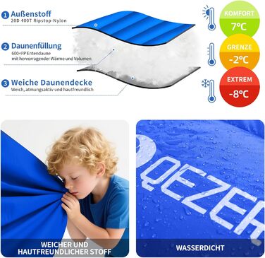 Пуховий спальний мішок, теплий легкий зимовий спальний мішок від 0C до -23C для дорослих та дітей, 4 сезони кемпінгу, використання на вулиці та в приміщенні, сапфірово-синій, 7C