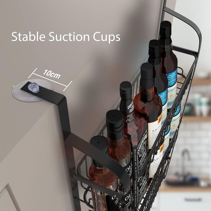 Полиця для холодильника з вуглецевої сталі, 3-секційна полиця для спецій (не потребує свердління), підвісна полиця з 8 гачками, підвісна кухонна полиця, органайзер для спецій з клейкими смужками