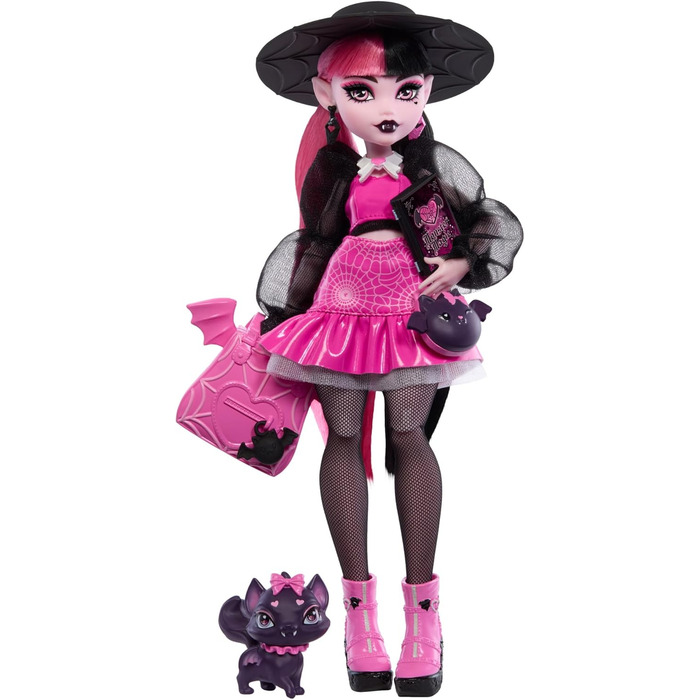Лялька Monster High Дракулаура з її домашнім котом-летючою мышью, графом Фебулозом, та аксесуарами, такими як рюкзак, книга заклинань, коробка для бенто та багато іншого, HRP64