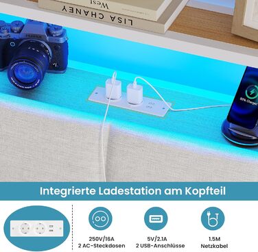 Ліжко 180x200 з металевою рейковою основою, двоспальне ліжко 180x200 см зі світлодіодним підсвічуванням, каркас ліжка 180x200 см з узголів&39ям та зарядною станцією (2 розетки змінного струму, 2 USB-порти) Сучасне, Білий Білий 180x200см