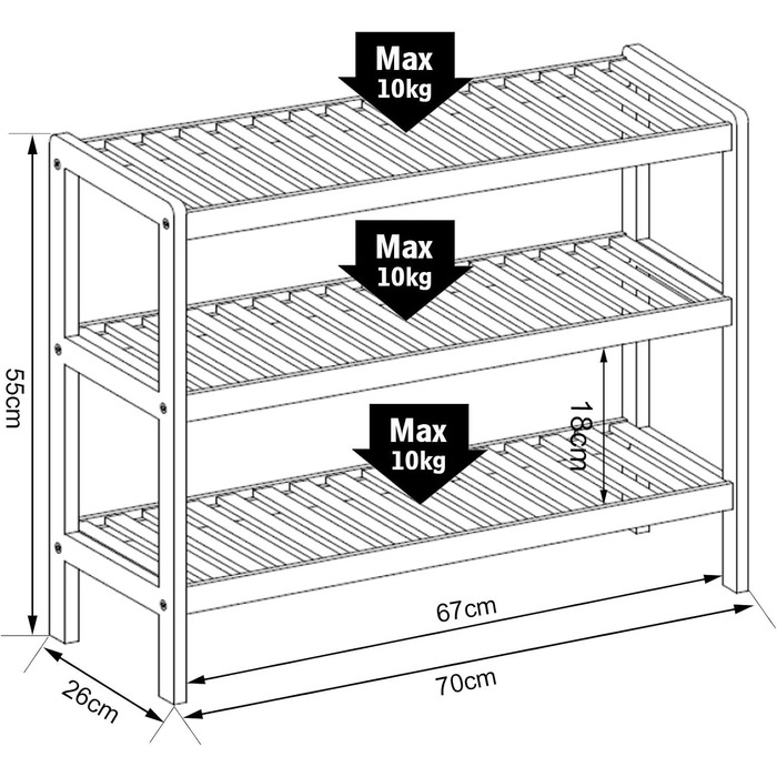 Полиця для взуття dibea з 3 полицями, бамбукова шафа для взуття, окремостояча полиця, кухонна полиця, полиця для вітальні, 70x26x55 см, натуральний колір, натуральний, 70x26x55 (3 полиці)