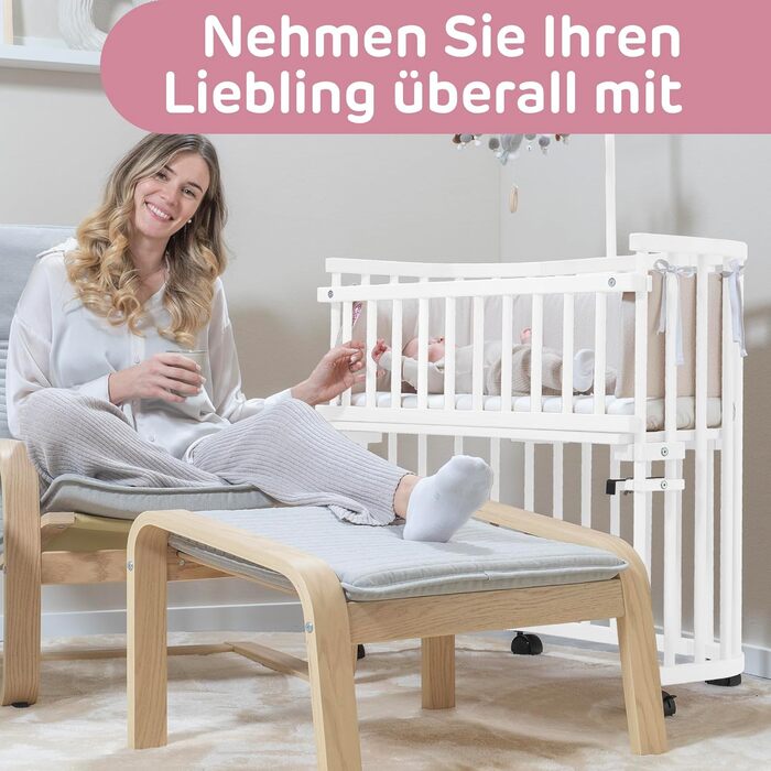 Ліжечко-колиска Babybay Maxi Comfort Plus з масиву бука/бічне ліжечко з захисними бортиками/плавне регулювання та екологічність/росте разом з вашою дитиною (біле лакування) Біле лакування 96Д x 56,5Ш x 79В см Матрац не входить до комплекту