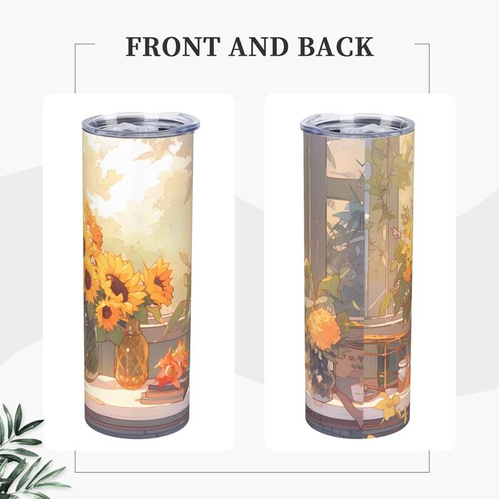 Кухоль з прямою трубочкою, соняшники під підвіконням, дорожній кухоль з принтом, підходить для кемпінгу, офісу та дому, 590 мл
