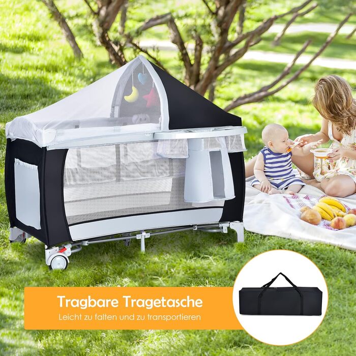 Складане дорожнє ліжечко COSTWAY 4-в-1, дитяча колиска, пеленальний столик та манеж з функцією гойдання, включаючи музичний мобіль, ігрову арку, пеленальний килимок, матрац, органайзер для підгузків та сумку для перенесення (чорний)