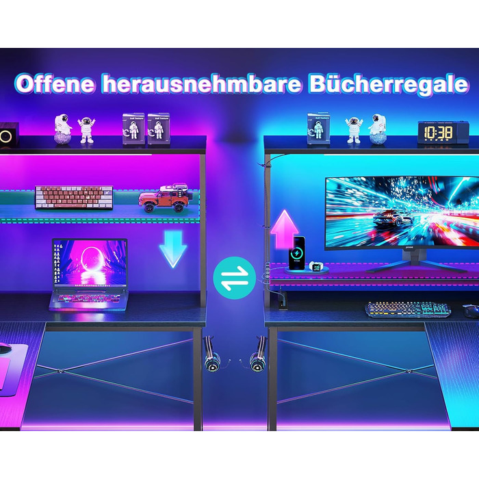 Г-подібний ігровий стіл Coleshome зі світлодіодним освітленням та розетками, 135 x 100 см, двосторонній ігровий стіл з полицями, кутовий стіл із сумкою для зберігання для домашнього офісу та ігор, чорний.