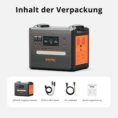 Портативна електростанція SolarPlay Q2402M, сонячний генератор з літій-іонним акумулятором ємністю 2304 Втгод, з 2 виходами змінного струму потужністю 2500 Вт (пік 5000 Вт), ДБЖ, макс. сонячна зарядка 500 Вт, електростанція для кемпінгу, автофургонів, дом