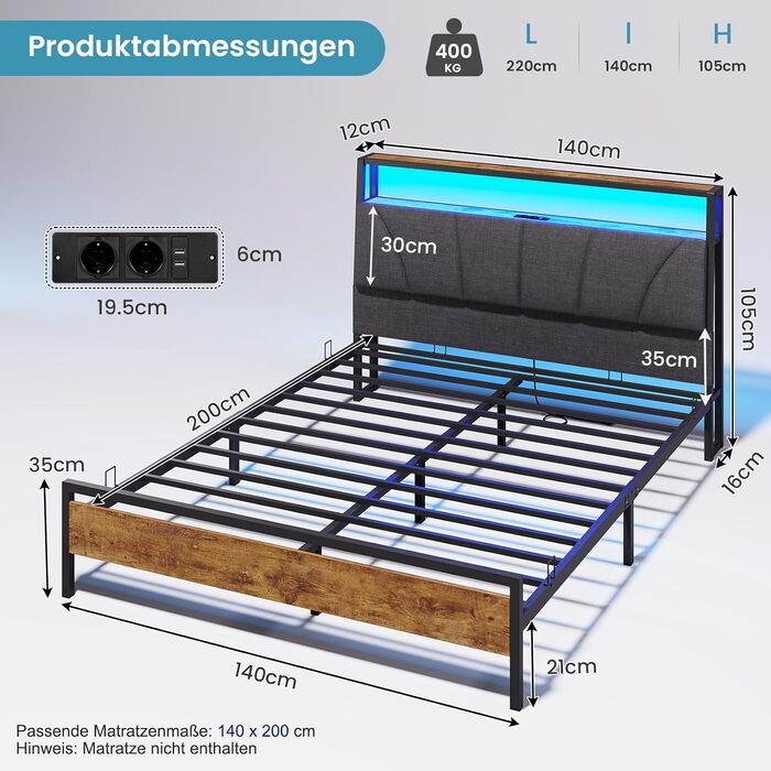 Ліжко 140x200 з металевою рейковою основою, каркас ліжка 140x200 см зі світлодіодним підсвічуванням, металеве ліжко 140x200 з узголів&39ям та зарядною станцією (2 розетки змінного струму та 2 порти USB), дитяче ліжко, двоспальне ліжко, сірий колір, сірий 