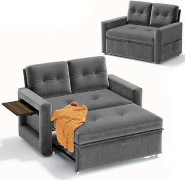 Диван YOUDENOVA з функцією сну, Розкладний диван з 5-позиційною регульованою спинкою, Диван-ліжко зі столиком та бічною кишенею, 2-місний диван-ліжко 177x135 см, Вельветово-сірий