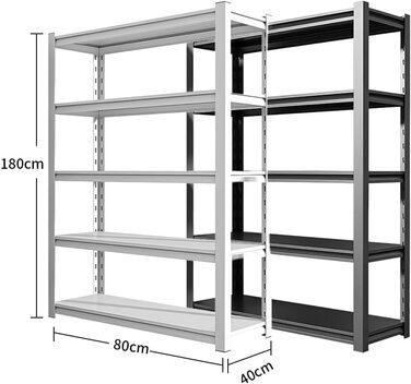 Стелаж для зберігання, надміцний стелаж, стелаж для підвалу, 80x40x180 см, стелаж зі сталевою рамою, вантажопідйомність до 900 кг кожна, 5 регульованих полиць, 80*40*180*5, чорний