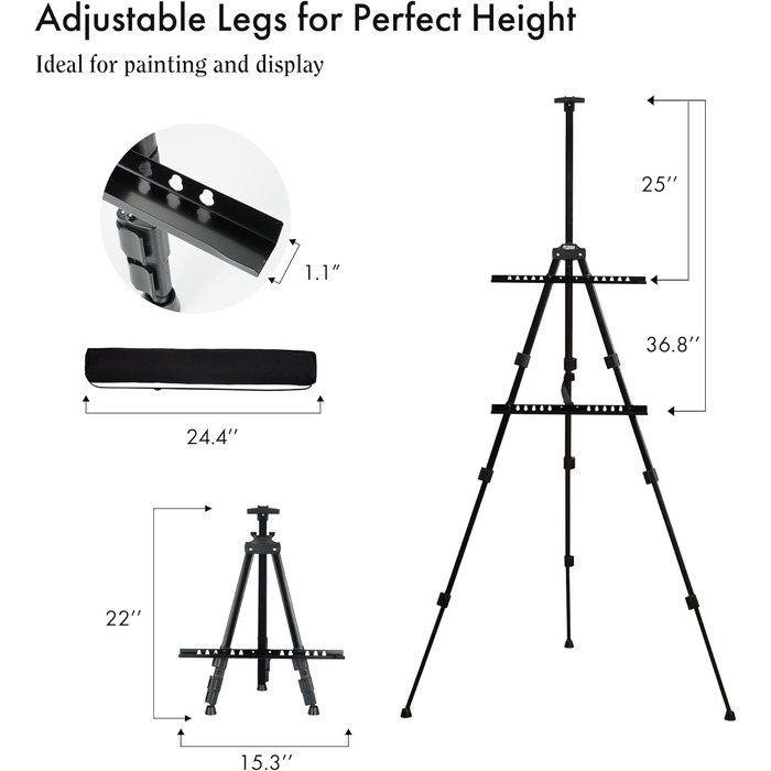 Мольберт Artify 66 дюймів, регульований студійний мольберт 22-66 дюймів (55-167 см), мольберт для художника, польовий мольберт з металевого матеріалу, штативний мольберт для художнього розпису та реклами, 1PACK, чорний 66''B