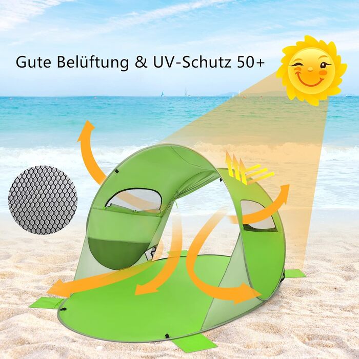 Пляжний намет GYMAX Pop-Up для 3-4 осіб, автоматичний пляжний намет із захистом від ультрафіолету 50, розкладний намет із дверима на блискавці та вентиляційним вікном, у комплекті сумка для перенесення, для кемпінгу на пляжі, зелений