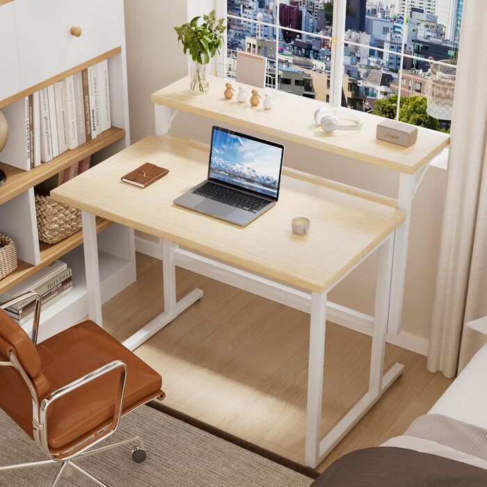 Складаний стіл, 80 см, невеликий стіл з полицею для монітора, 2-ярусний складаний стіл для домашнього офісу, офісу, школи, комп&39ютерний стіл для невеликих приміщень, бежевий