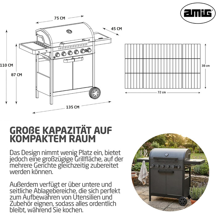 Газовий гриль Amig IGNIS 61 (6 основних 1 бічний пальники), 135 x 55 x 110 см, робоча поверхня 72 x 38 см, з термометром, бічними полицями, колесами та чавунною решіткою, чорний