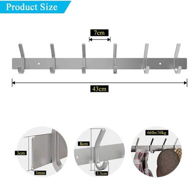 Гачок-рейка з нержавіючої сталі гачки для одягу матовий вигляд подвійні гачки до 30 кг вантажопідйомність гачки (срібло, 6 гачків)