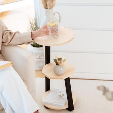 Круглий дерев&39яний журнальний столик ПЕРЕМОЖЕЦЬ ТЕСТУ з 3 полицями Край, що запобігає падінню, натуральний колір, декоративний столик та підставка для рослин для вітальні та спальні, високий столик поруч із диваном, ліжком та диваном