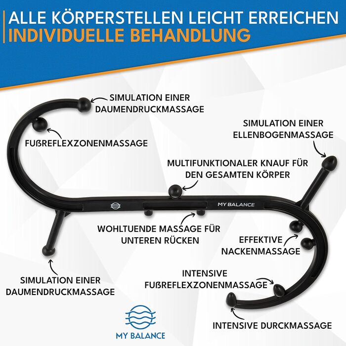 Високоякісний масажер тригерних точок My Balance Я міцно виготовлена масажна паличка, включаючи силіконові насадки та електронну книгу, я ефективно обробляю тригерні точки чорним кольором