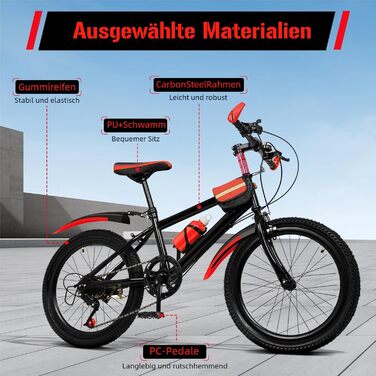 Дюймовий дитячий гірський велосипед для хлопчиків та дівчаток, 7-швидкісний гірський велосипед з бризковиками, пляшкою для води, дзвінком-компасом, вантажопідйомність 85 кг, вік 8-13 років, червоний, 20-