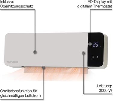 Керамічний настінний вентилятор-обігрівач Telefunken PTCWH-2000W Світлодіодний дисплей з цифровим термостатом та пультом дистанційного керування, функція таймера, коливання, вентилятор, захист від перегріву, 18-45C