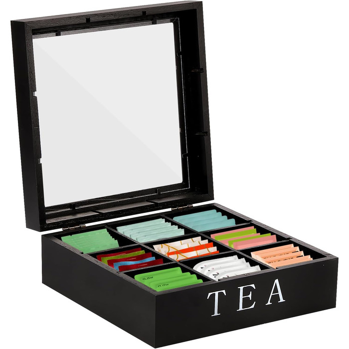 Чайна коробка, коробка для чайних пакетиків з 9 відділеннями, дерев&39яна ємність для чаю, елегантна коробка для зберігання чаю, бляшанка з прозорою кришкою-віконцем для зберігання чаю з захистом від аромату (чорна)