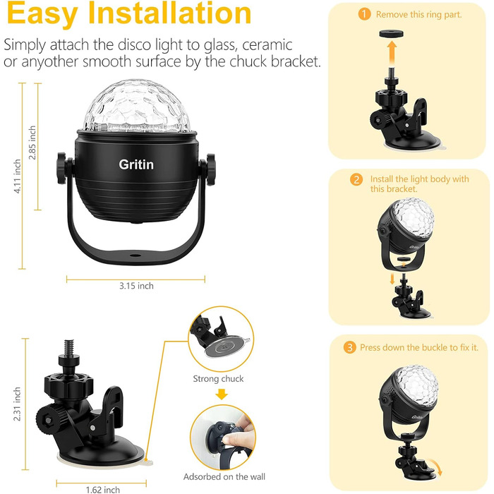 Диско-куля, обертова музика Gritin на 360 Світлодіодний світильник для вечірки Диско-світло з дистанційним керуванням - динамічні