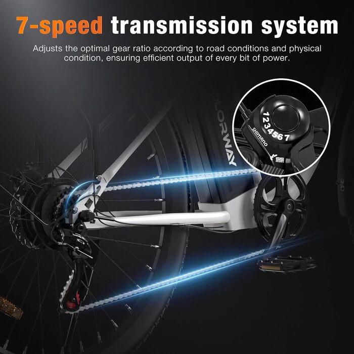 Електровелосипеди COLORWAY 28&quot x 2.0&quot з безщітковим двигуном потужністю 250 Вт. Електричні велосипеди з вбудованим акумулятором 36 В 15 Аг, 7 передачами, РК-дисплеєм та амортизуючою вилкою. Білий колір.