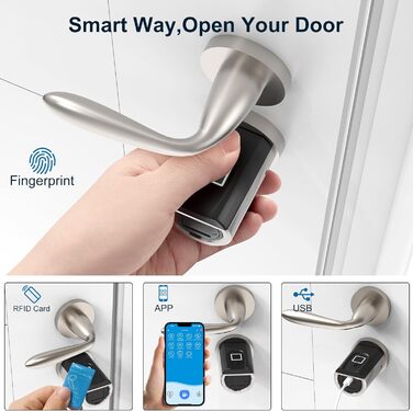 Електронний дверний замок із RFID-картою Bluetooth WiFi для 30-70 мм регульованого циліндра, електронний замок із відбитком пальця, сріблястий, 51 Fingerprint Lock