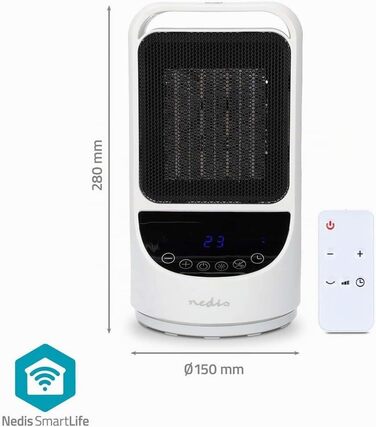 Розумний керамічний обігрівач Nedis HTFA22WTW SmartLife WLAN, 1500 Вт, 2 режими нагріву, осциляція, індикатор температури 1049 C, керування через додаток, Alexa та Google Assistant, білий