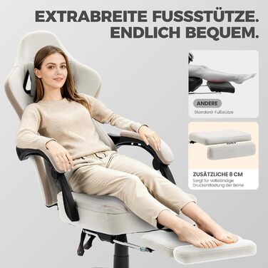 Ігрове крісло Dowinx з тканиною та розсувною та складною підставкою для ніг, ергономічне офісне крісло з гелевою подушкою та пружинною подушкою з кишеньковим механізмом, масажне ігрове крісло для дорослих, бежевого кольору Deluxe