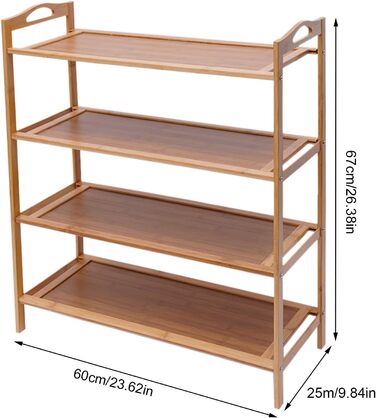 Бамбукова полиця для взуття, 4 яруси, місце для зберігання взуття, взуттєва шафа, окремостояча полиця, полиця для ванної кімнати, кухонна полиця, дерев&39яна полиця з ручкою для кухні, балкону, коридору та офісу, 60x25x67 см