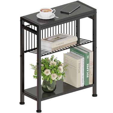 Вузький приставний столик, 3 полиці, вузька тумбочка з підставкою для журналів, приставний столик до дивана, невеликий журнальний столик для вітальні, спальні, кухні та балкону, кабінету (чорний) 1 Чорний
