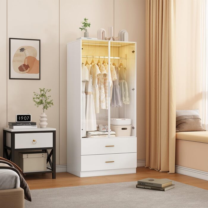 Шафа для спальні зі світлодіодним освітленням, шафа зі скляними дверима, вішалки для одягу та шухляд (Біла Ш, 50x80x175 см) Біла Ш 50x80x175 см
