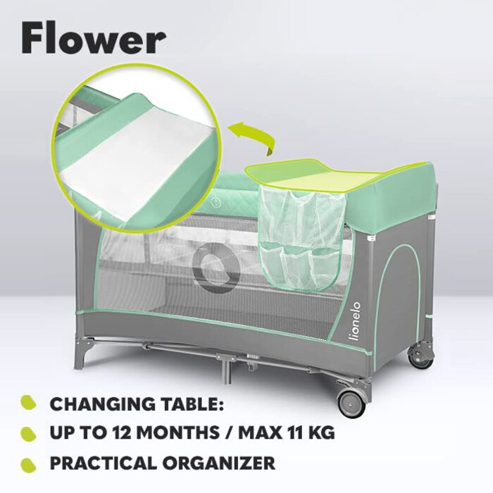 В1 дитяче ліжечко для подорожей, манеж з боковим входом, пеленальний столик, дві висоти підвіски матраца, іграшкове простирадло з