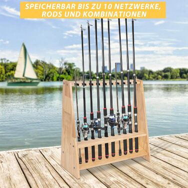 Дерев&39яний тримач для вудок на 10 вудок з кріпильними аксесуарами, 60 x 18 x 58 см, оригінальне дерево, підставка для вудок