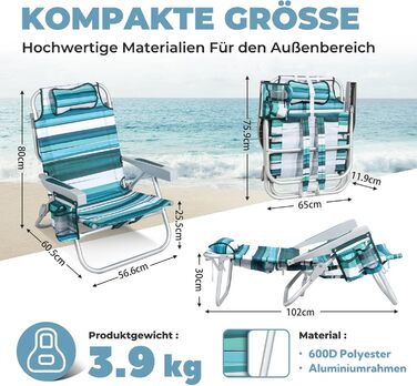Складаний пляжний стілець Homecall, легкий, регульована спинка в 5 положеннях - Складаний пляжний стілець, до 136 кг, для пляжу, на відкритому повітрі, низька висота, класичний смугастий
