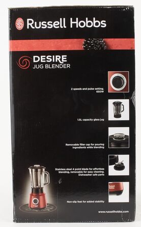 Міксер Russell Hobbs скляний контейнер 1,5 л Desire Red (потужний двигун 0,9 к.с., функція імпульсу/подрібнення льоду, ніж з нержавіючої сталі, блендер без бісфенолу А, електричний подрібнювач, смузі-машина) 24720-56