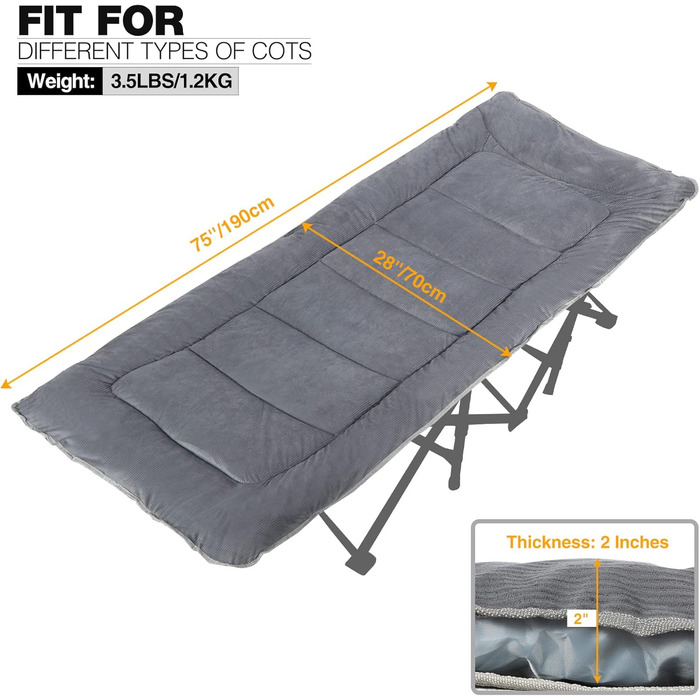 Розкладний матрац для походного ліжка 190 x 70 см, зручний, товстий бавовняний наматрацник з високоякісним поліестеровим наповнювачем, темно-сірий, L