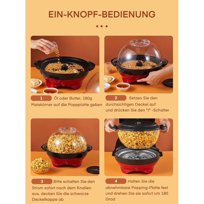 Машина для приготування попкорну - 5.5 л великої ємності - HOUSNAT 800 Вт домашня машина для приготування попкорну з антипригарним покриттям і знімною нагрівальною поверхнею - безшумна та швидка - машина