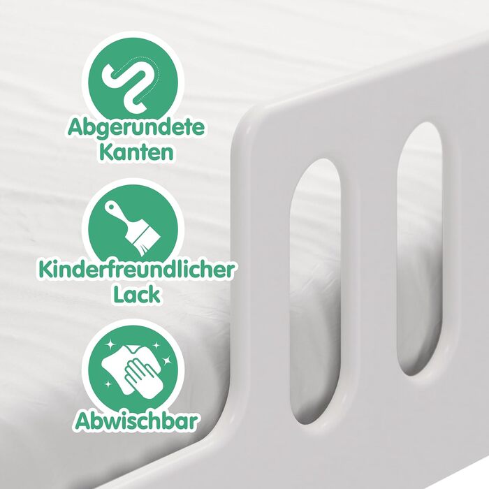 Дитяче ліжко 2-в-1 на підлозі 140x200 см Монтессорі зі знімними захисними поручнями - Біле, 46 кг, Вантажопідйомність до 200 кг, Надміцна згортається рейкова основа, Трансформоване 140 x 200 см Біле - 1 центральний вхід