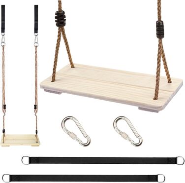 Дерев'яні гойдалки KINSPORY, садові гойдалки з регульованою конопляною мотузкою, для внутрішнього та зовнішнього використання, сид