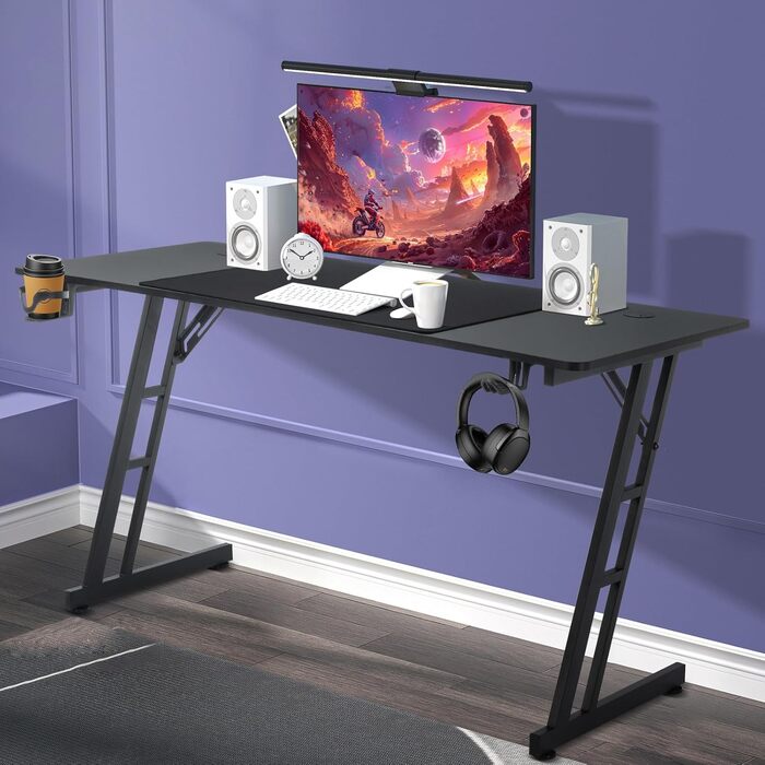 Ігровий стіл, ігровий стіл 120x60 см, комп&39ютерний стіл з підставкою для чашок та гачками для навушників, ергономічний ігровий стіл, Z-подібний ігровий стіл для дому та офісу