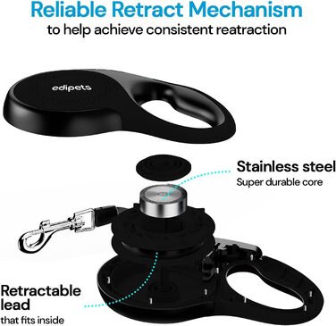 Поводок-рулетка для собак Edipets, висувний, 5 м / 8 м, гнучкий, для дресирування та прогулянок, для малих, середніх та великих порід (Чорний, 5 метрів)