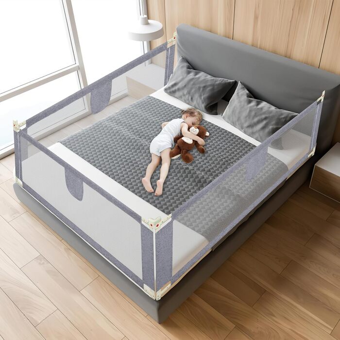 Бортики для ліжка, захист від падіння, 2 x 200 см 1 x 180 см, регульовані по висоті дитячі бортики для ліжка 64-96 см, захисні бортики для ліжок малюків, бортики для дитячого ліжка з повітропроникною сіткою - сірі, 2 x 200 см 1 x 180 см