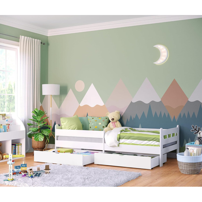 Дитяче ліжко Bellabino Kuru 90x200 з 2 висувними шухлядами, односпальне дитяче ліжко з захистом від випадіння та рейковою рамою, д