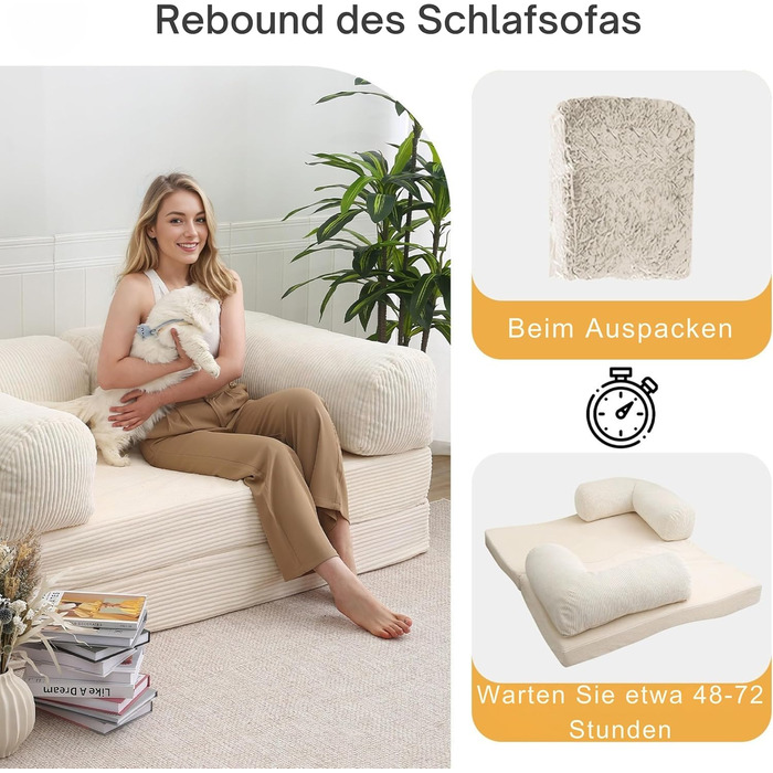 Диван MeMoreCool 4-в-1 без кісток, розкладний диван-ліжко з підлокітниками, розкладним матрацом та кріслом-ліжком, зручний розкладний диван для вітальні та спальні як шезлонг або гостьове ліжко, бежевий