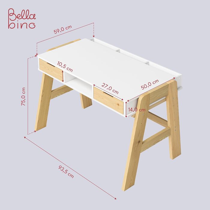 Дитячий письмовий стіл Bellabino Campo регульований по висоті з дерева в білому/натуральному кольорі з 2 шухлядами, 1 полицею і 3